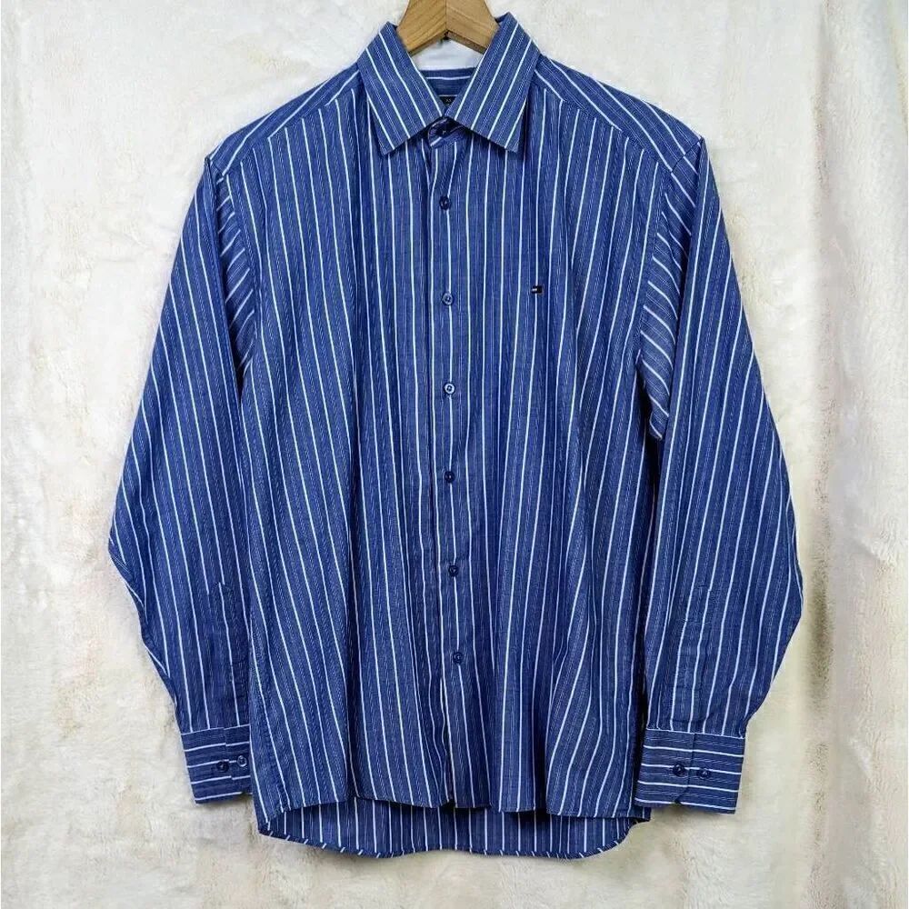 VTG Tommy Hilfiger Men’s Large Blue White Striped Long Sleeve Button Down Shirt